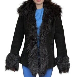 Penny Lane Style 100% Genuine Shearling Black Sheepskin Coat Lining Y2K Fringe